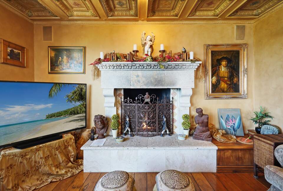 Great Room Closeup of 70" Smart TV & Fireplace