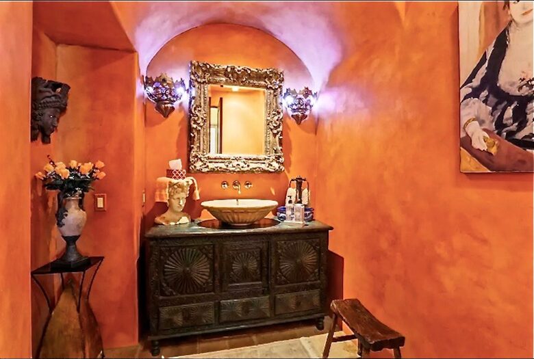 Powder Room handpainted walls, stone sink, & Antiques
