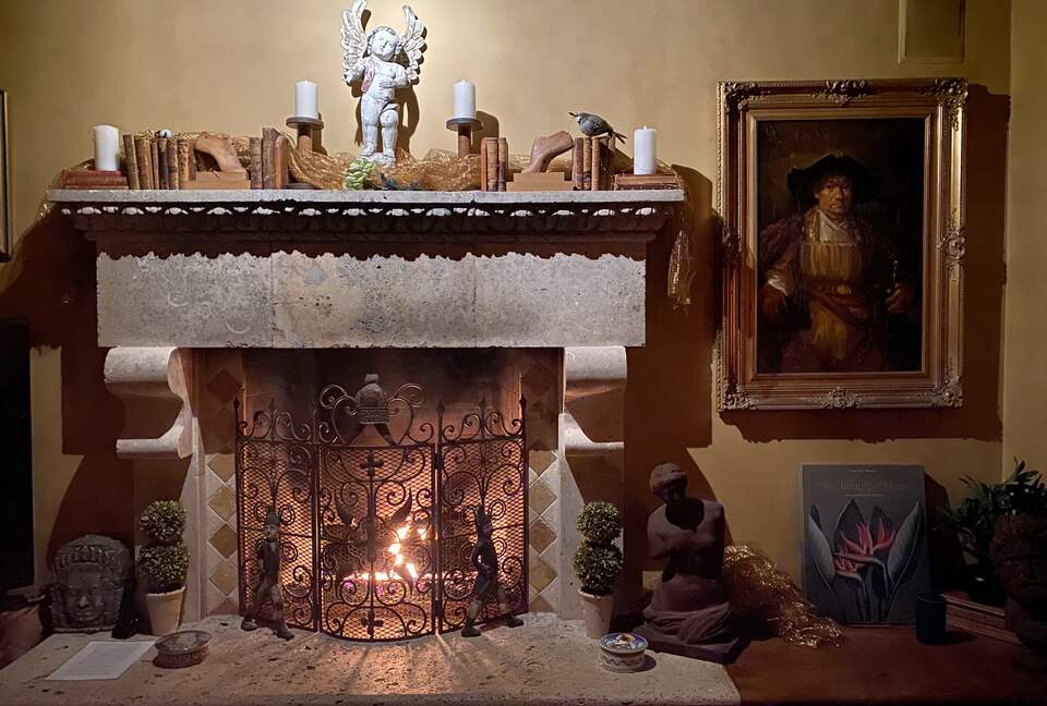 Fireplace w/limestone Mantle and Fossil imbeded Hearth