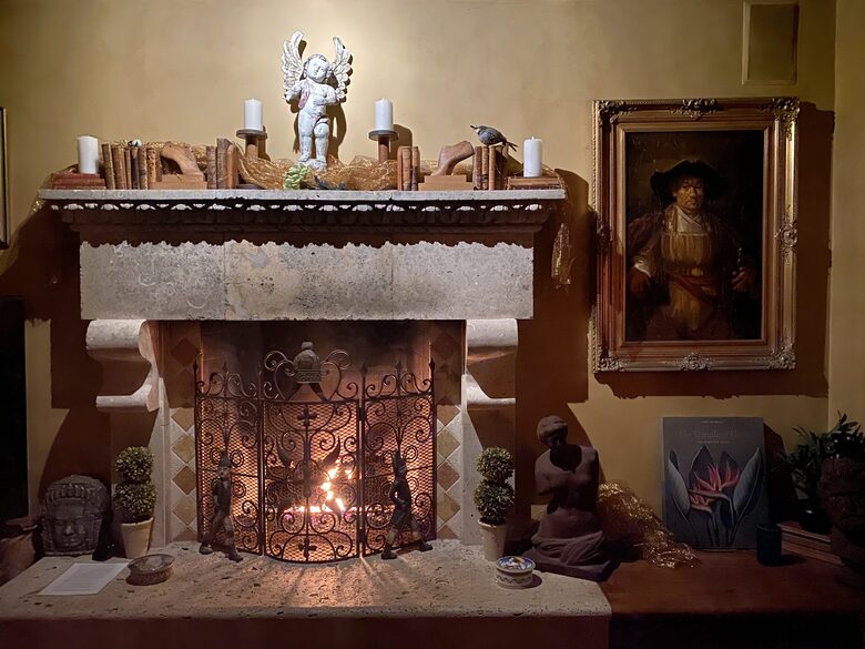 Fireplace w/limestone Mantle and Fossil imbeded Hearth
