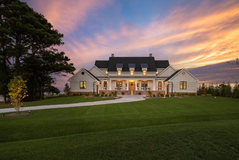 front of home at dusk - large front yard