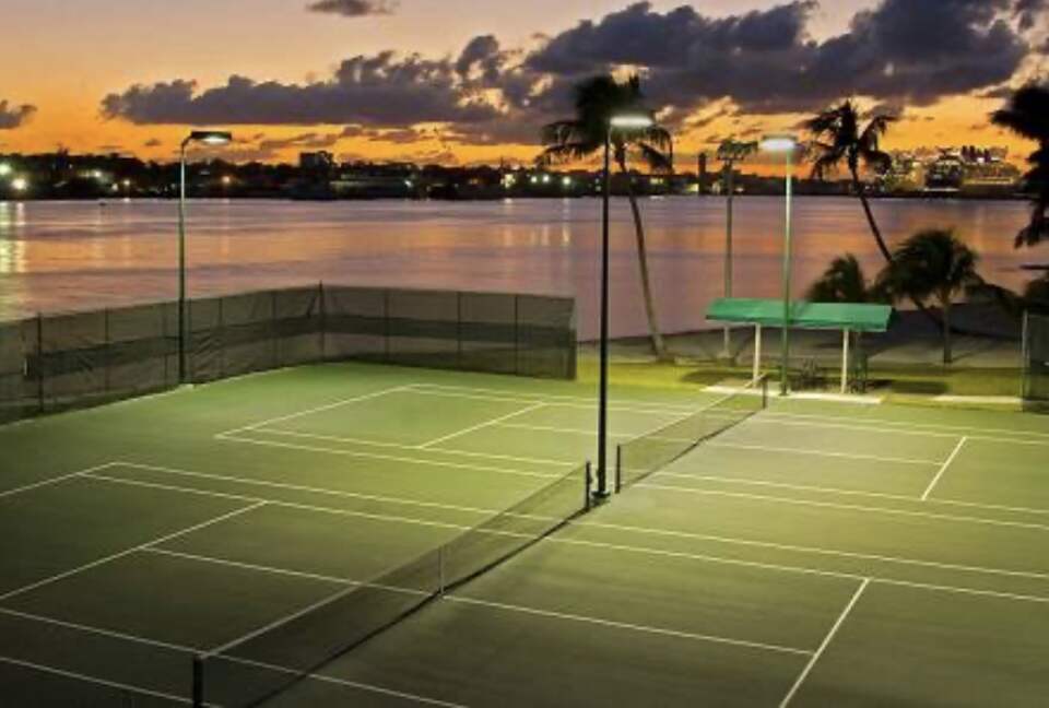 Play tennis on one of the three har-tru courts & three hard.
