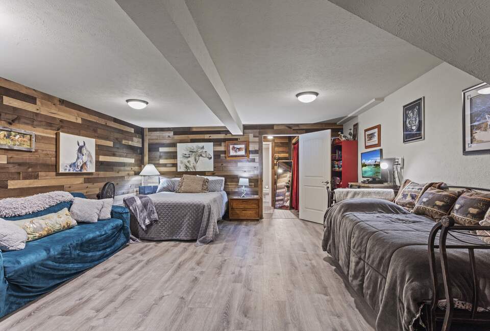 Lower level bedroom with queen bed and trundle bed(2 single beds)