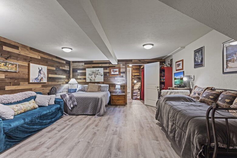 Lower level bedroom with queen bed and trundle bed(2 single beds)