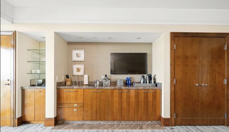 Your in room bar, coffee & tea station with kitchenette and fridge.