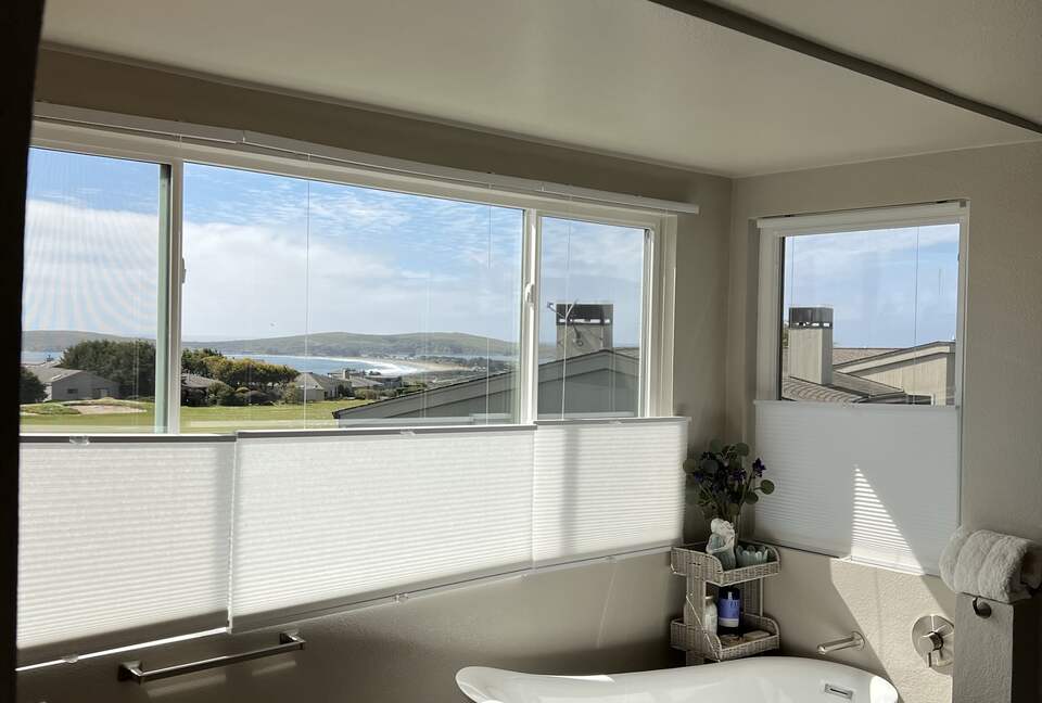 Panoramic water views with tub and walk in shower.