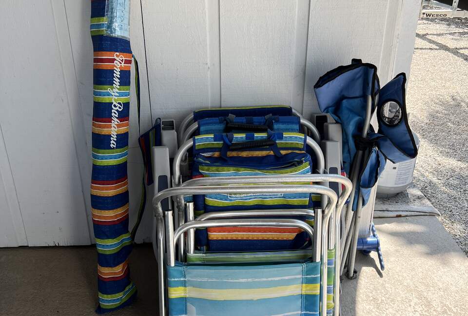 Beach chairs and umbrella
