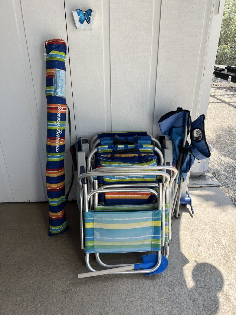 Beach chairs and umbrella