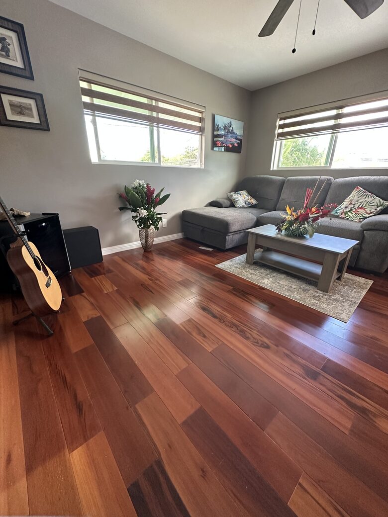 Living room with TV and sofa that pulls out to double bed
