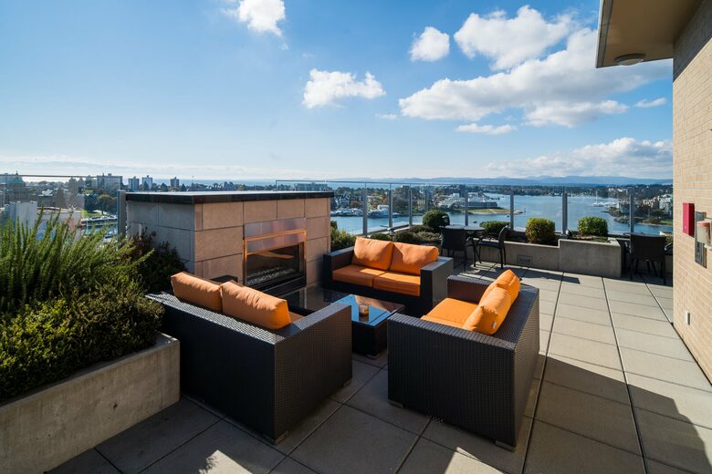 Shared roof top deck firepace