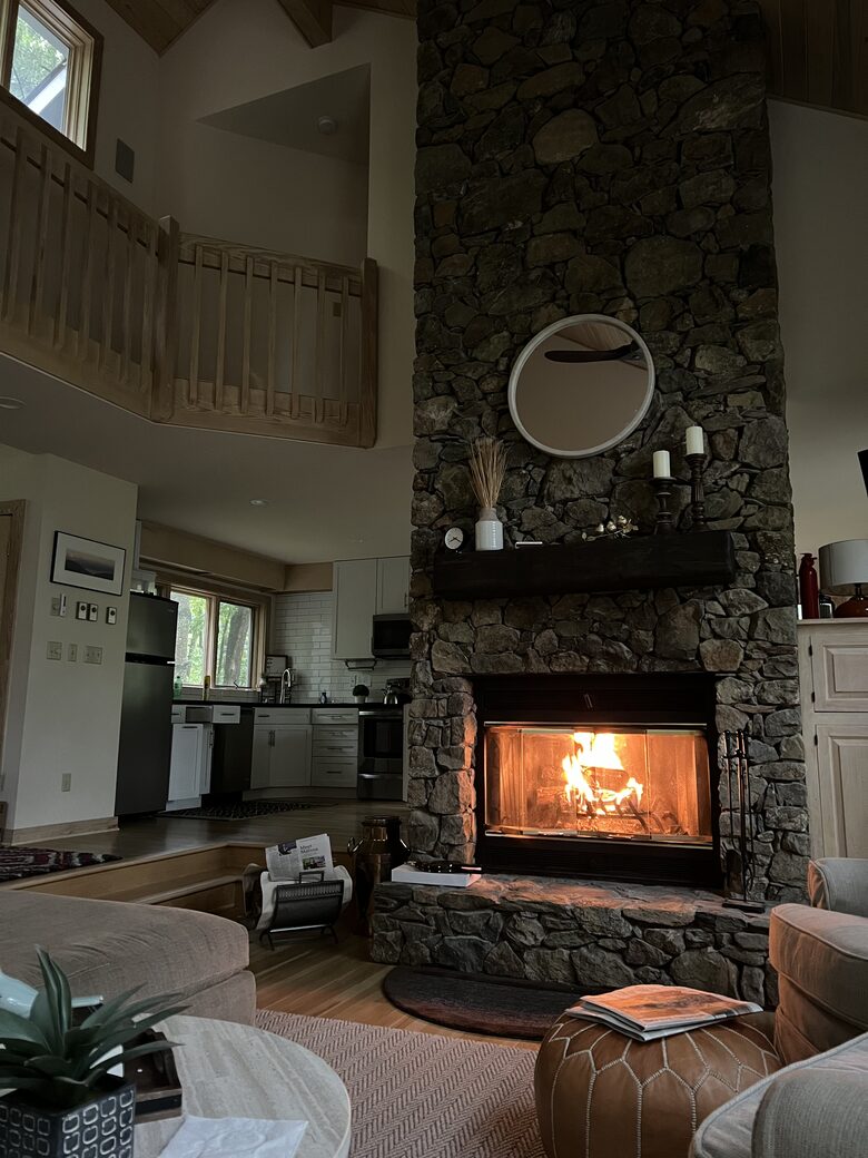 Family room with wood-burning fireplace off the kitchen