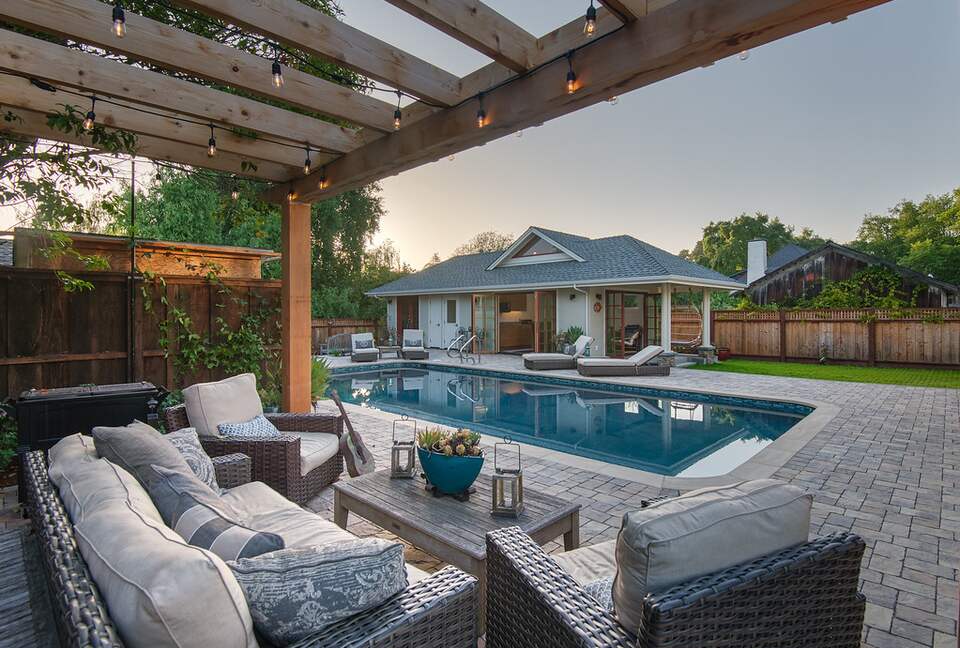 Trellised lighted BBQ Area, pool & cabana