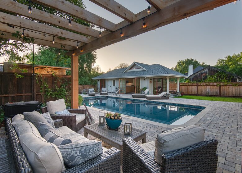 Trellised lighted BBQ Area, pool & cabana
