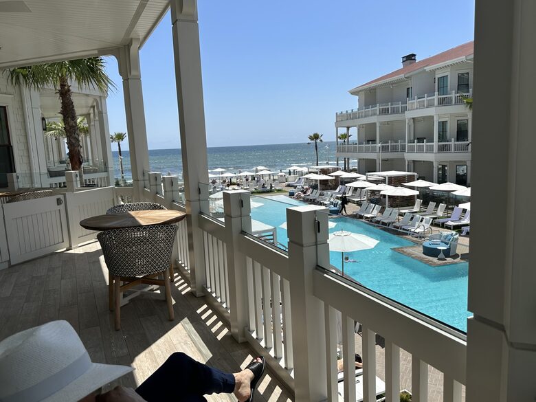 Veranda showing view of ocean and pool