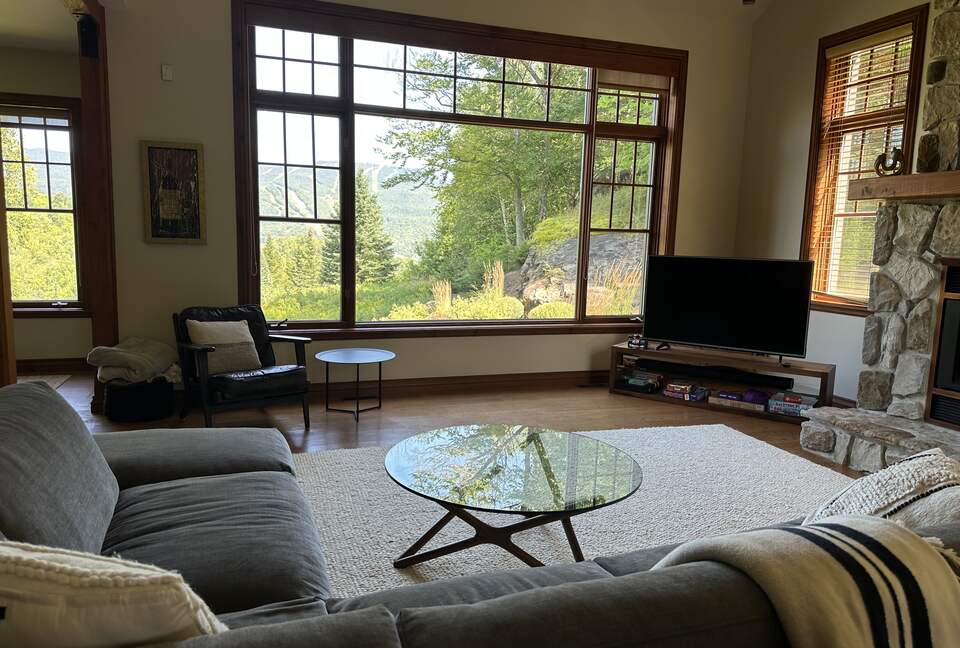 Living room with fireplace and view of the mountain