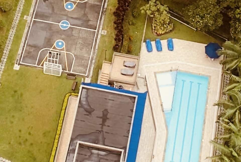 Outdoor space with heated Pool and playground area