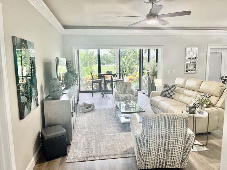 Living room with golf course view