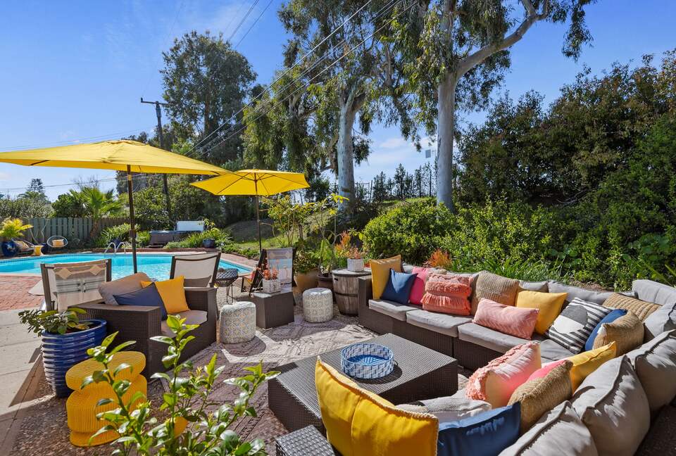 outdoor seating with pool view
